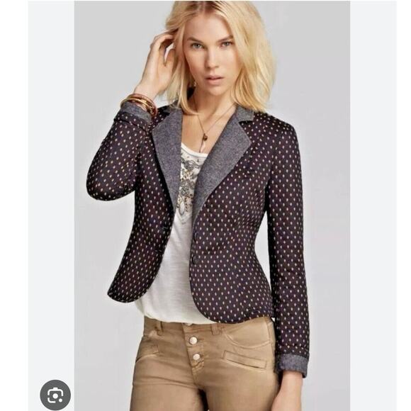 Free People Blazer Womens S Black Tan Diamond Textured Polka Dot Tweed Coat - Picture 1 of 9